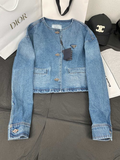 Prada Embroidered Waist Denim Jacket with Custom Buttons