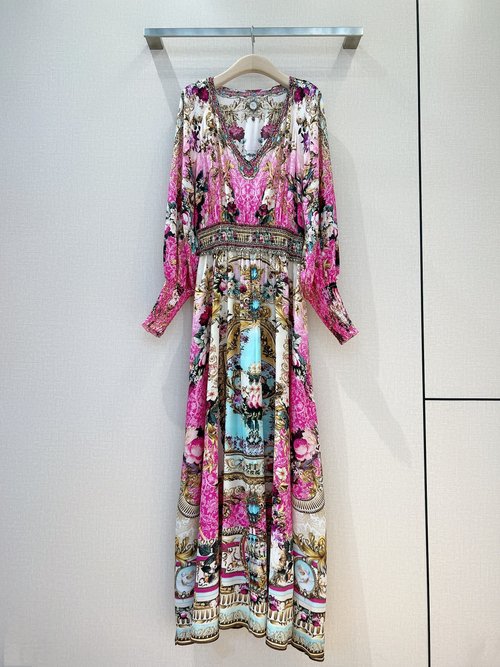 Ami Baroque Silk Floral Print Tea Dress with V-Neck and High Waist