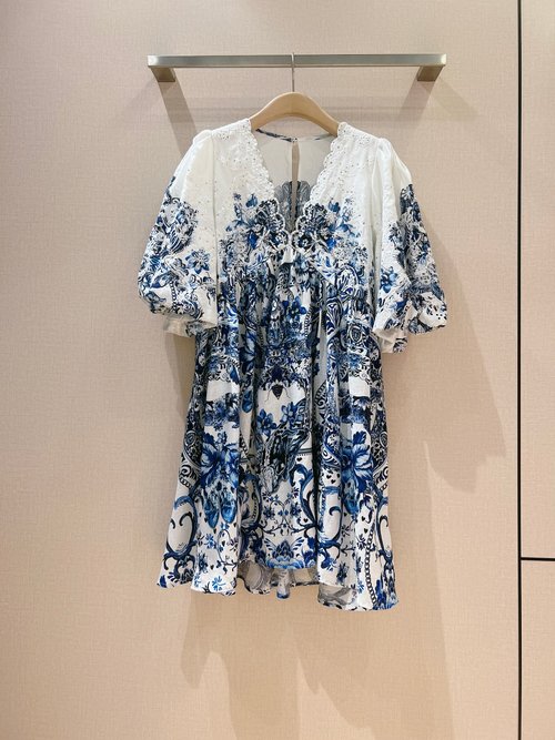 Ami Blue and White Porcelain Print Dress with Bubble Sleeves and Embroidered Details