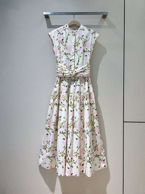 Valentino Printed Dress with Round Neck and Waist Gathers