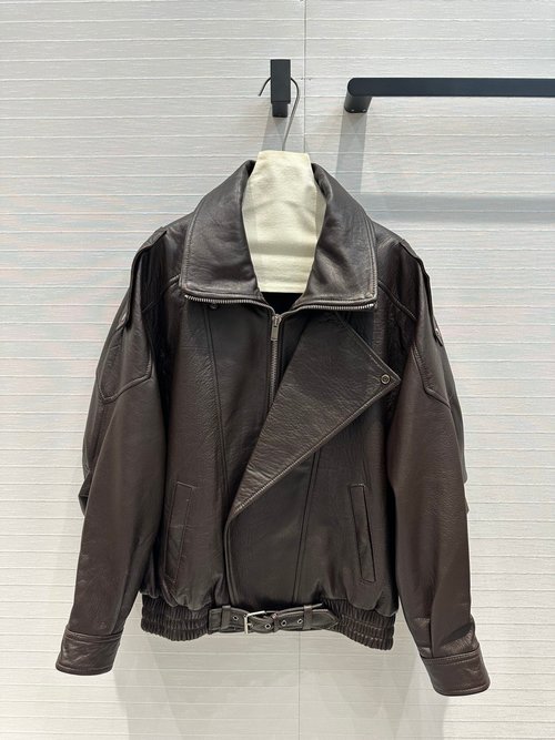 Yves Saint Laurent Vintage Modish Double-Flap Collar Leather Jacket with Waist Belt