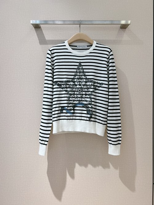 Dior Round-neck Striped Star Print Pullover with Floral Accents