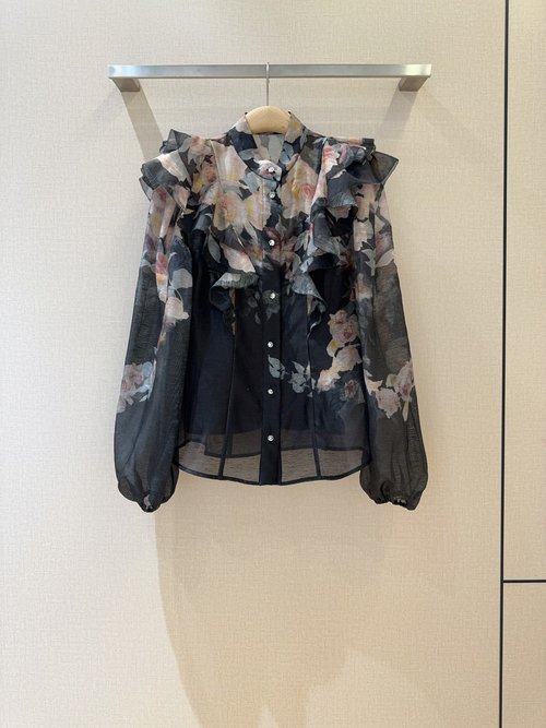 Zimmermann Black Floral Silk-Linen Shirt with Ruffled Shoulders