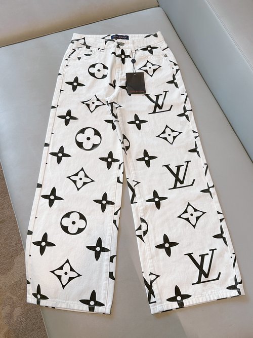 Louis Vuitton Monogram Wide-Leg Jeans with Vintage Wash