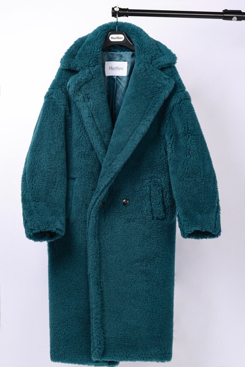 Max Mara Long Teddy Bear Coat in Turquoise, Alpaca, Wool and Silk Blend