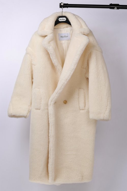 Max Mara Long Teddy Bear Coat in White, Alpaca, Wool and Silk Blend