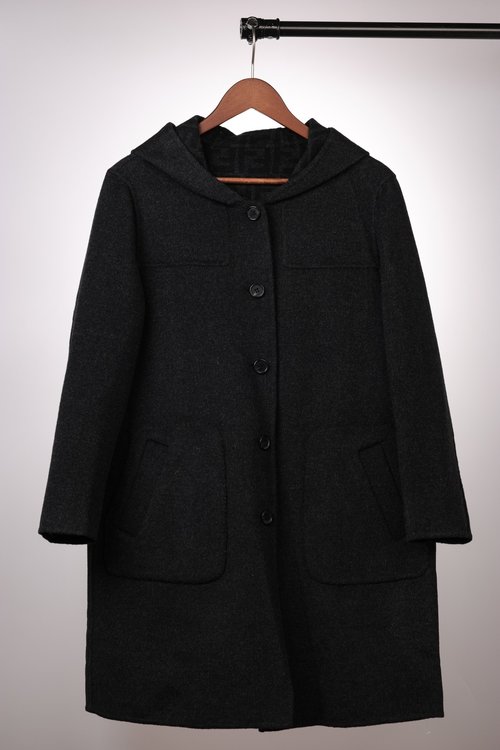 Fendi Mid-length Hooded Buttoned Coat in Dark Grey, Black and Caramel, 100% Wool