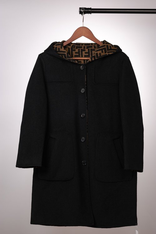 Fendi Mid-length Hooded Buttoned Coat in Black, Dark Grey and Caramel, 100% Wool