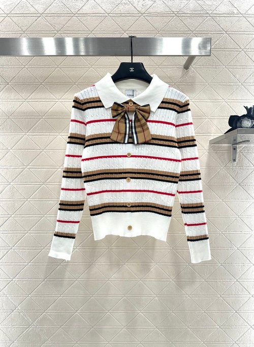 Burberry Lapel Bow Checked Cardigan with Detachable Bow Pin in Multiple Colors