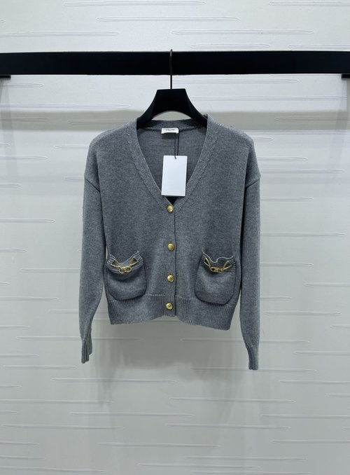 Celine V-Neck Knitted Cardigan with Metal Button Accents, Soft Wool Blend