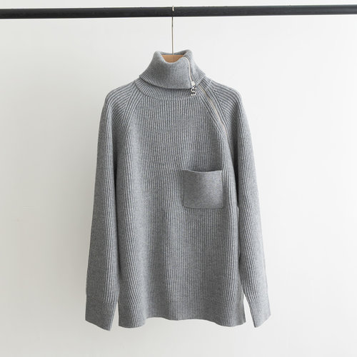 Max Mara High-Neck Zippered Wool Sweater with Pocket in Relaxed Style