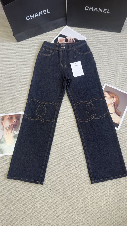 Chanel Double C Embroidery Straight Jeans in Imported Denim