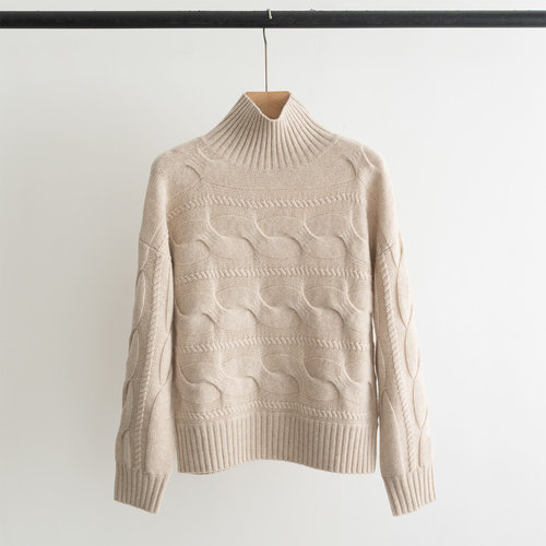 Max Mara Ribbed Turtleneck Chunky Knit Wool-Cashmere Sweater with Crossed Design