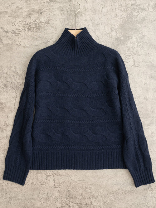 Max Mara High-Collar Ribbed Cashmere-Wool Knit Sweater with Twisted Design