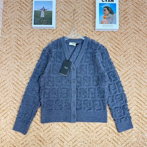 Fendi Comfortable FF Pattern Knit with V - Neck and Button Detailing