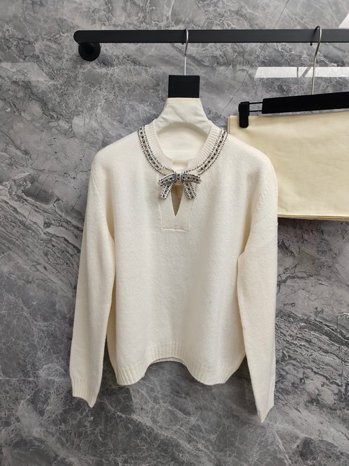 Valentino Sequined and Beaded Bow Collar Knit Top