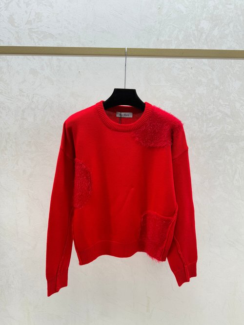 Max Mara Solid Color Feather Trimmed Simple Round-Neck Knit Long Sleeve in Elegant White, Red and Black