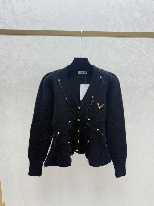 Valentino Beaded Feather Ruffled V-Neck Long Sleeve Knitted Cardigan in Multiple Colors