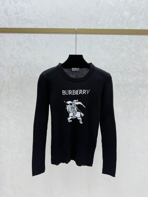 Burberry Autumn New Knitted Long-Sleeved Top with Contrast Warhorses in White, Khaki and Black