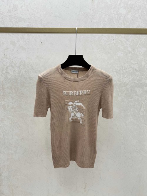 Burberry Contrast-color Warhorse Round-neck Short-sleeved Knitted Top in White, Khaki and Black
