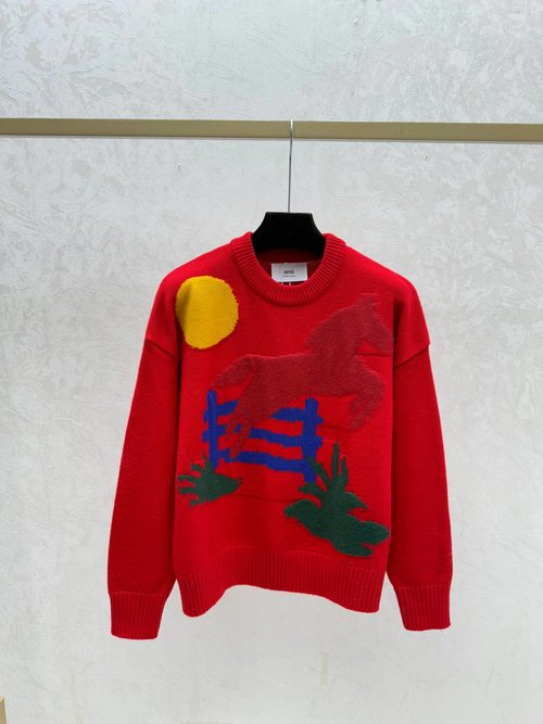 Ami Autumn Knit Long Sleeve with Contrasting Pony Jacquard