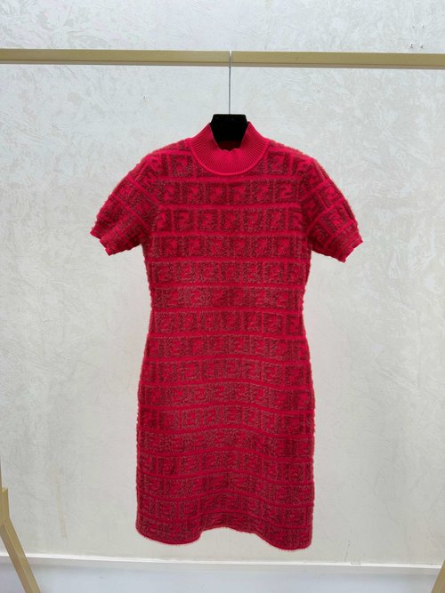 Fendi Damask Letter Red and Khaki Turtleneck Knit Dress