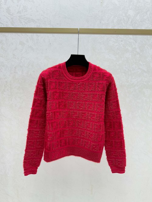 Fendi Contrasting Damask Letter Khaki and Red Round-Neck Knit Long-Sleeve