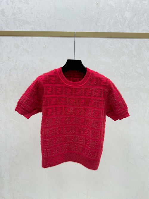 Fendi Damask Letter Khaki and Red Round-Neck Knit Short-Sleeve