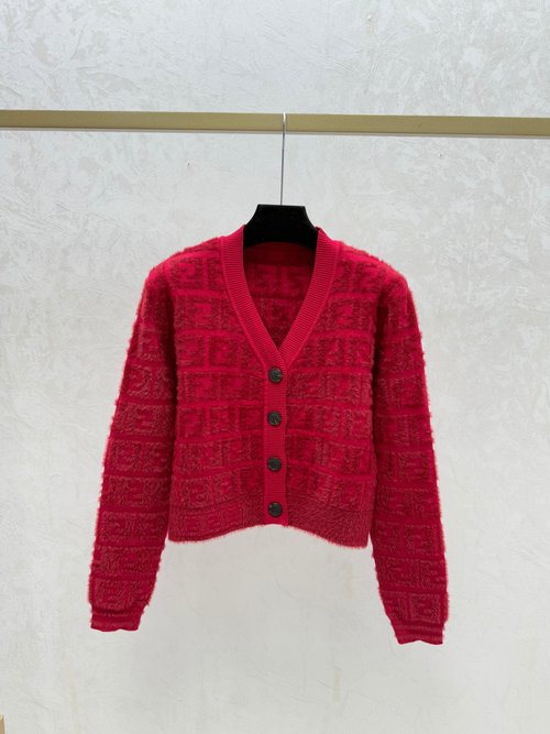 Fendi Damask Letter Khaki and Red V-Neck Knit Cardigan