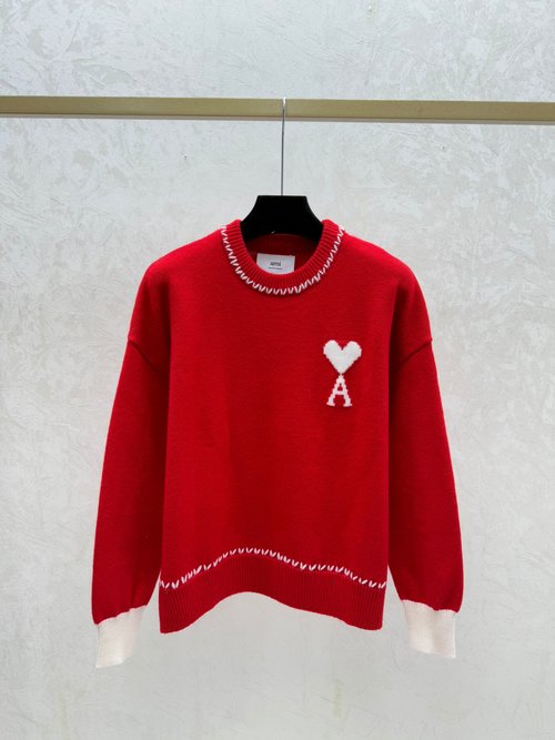 Ami White, Blue and Red Heavy Contrast Heart Letter Round Collar Knit
