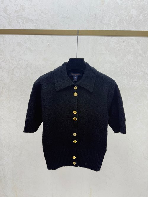 Louis Vuitton Simple Collared Knitted Short Sleeve Cardigan in Apricot and Black
