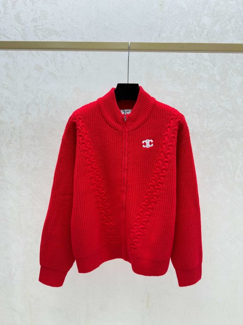 Celine Elegant Contrast High Neck Long Sleeve Cardigan in White, Red & Black