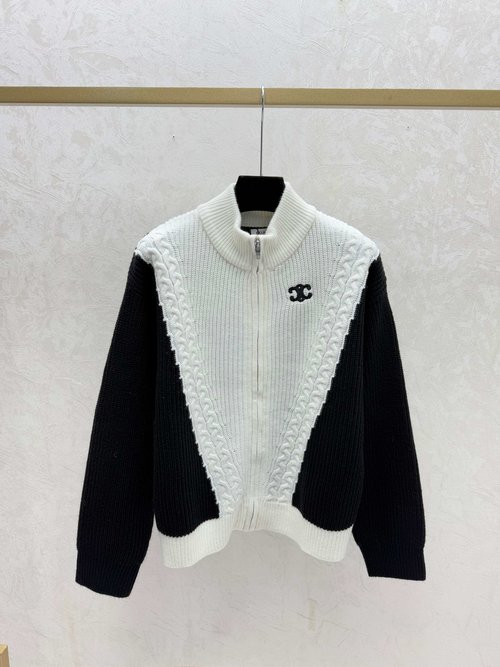 Celine Elegant Contrast High Neck Long Sleeve Cardigan in White, Red & Black