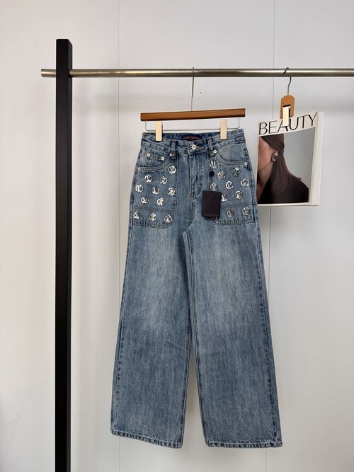 Louis Vuitton Silver Sequin Embellished Wide-Leg Denim Pants