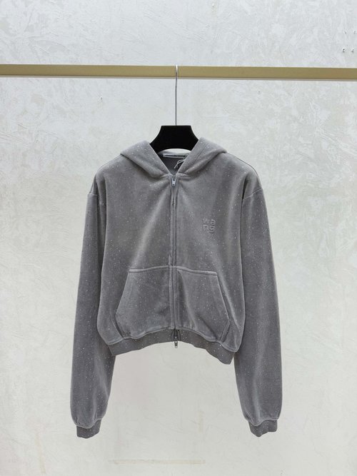 Alexander Wang Solid Color Rhinestone Hooded Knit Long-Sleeve Cardigan in Khaki and Grey