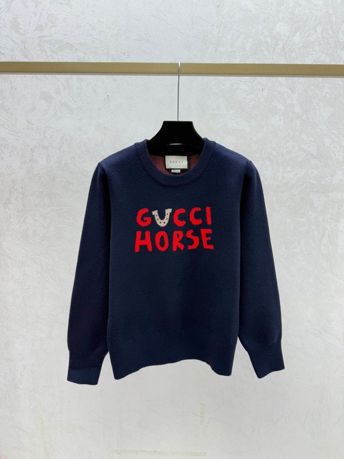 Gucci Knitted Long-Sleeved Top with Contrast Letters and Round Neck in White, Red & Sapphire