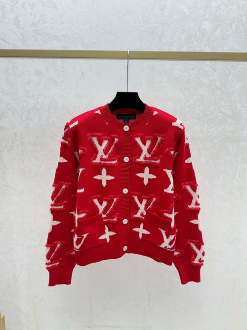Louis Vuitton Contrast Color Floral Letter Knit Long Sleeve Cardigan in Multi Colors