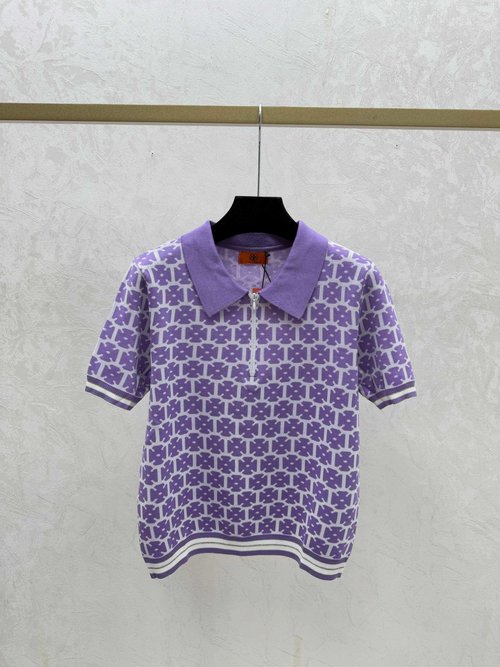Hermes Contrasting Turn - Collar Short - Sleeve Knit in Pink, Blue, Purple