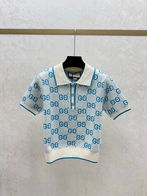 Gucci Contrast Color Patterned Letter Turn-Down Collar Knitted Short Sleeve in Pink, Khaki, Blue