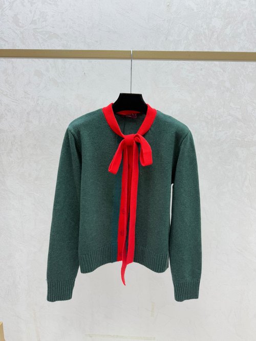 Gucci Color-Blocked Bow Long-Sleeve Knit Top in Red, Green