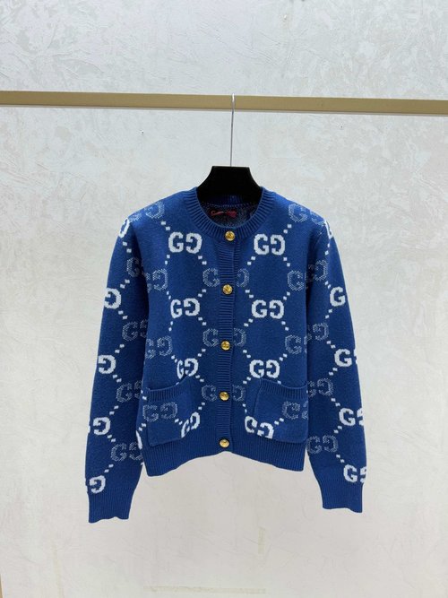 Gucci Color-Blocked Damask Lettered Long-Sleeve Knit Cardigan in Khaki, Blue