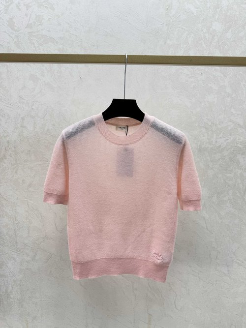 Celine Solid Color Round Neck Short Sleeve in White and Pink