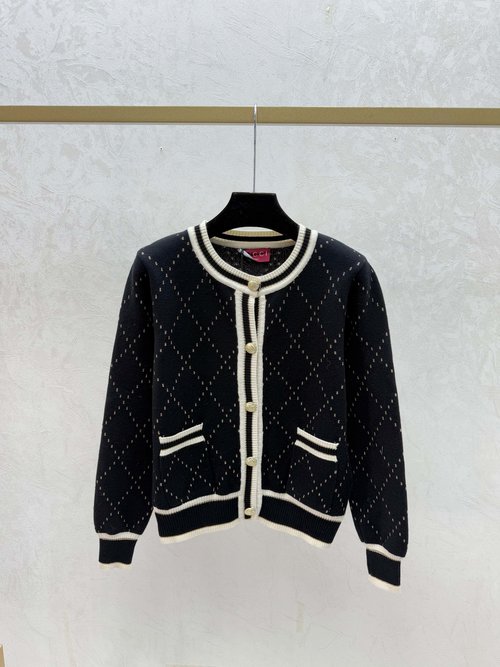 Gucci Red and Black Contrast Checked Round Neck Knit Cardigan