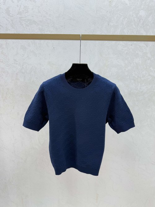 Gucci Chic Pink and Royal Blue Solid Floral Letter Knit Short-Sleeve