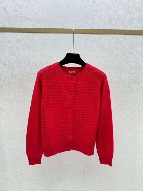 Miu Miu Solid Color Hollowed-Out Round-Neck Long Sleeve Cardigan in White, Red