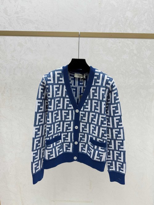 Fendi Contrasting Vintage Letter V-Neck Khaki and Navy Knit Long-Sleeve Cardigan