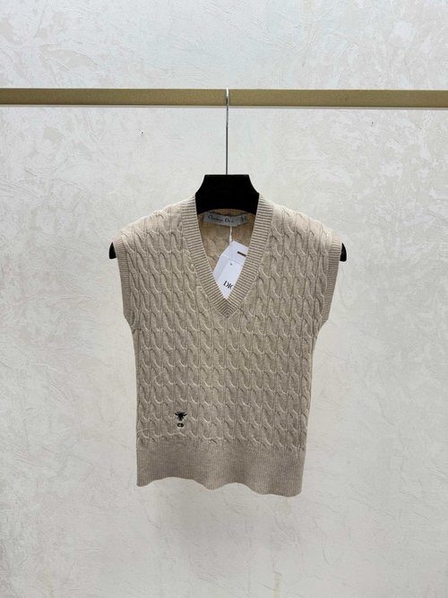 Dior Solid Simple V-Neck Knit Vest, White, Khaki and Blue