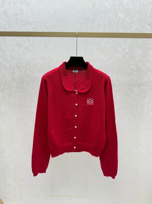 Loewe Solid Simple Hooded Knit Long Sleeve Cardigan in White, Red & Gray