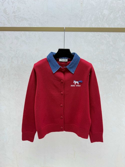 Miu Miu Contrast Collar Pony Knit Long Sleeve Cardigan in Gray and Red