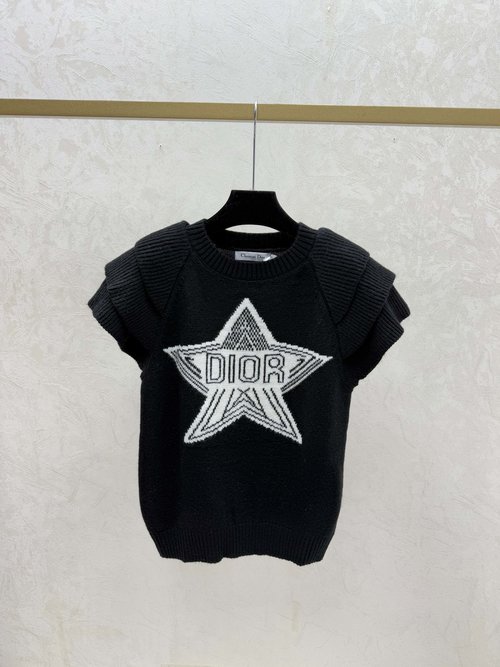 Dior Contrast Color Star Letter Round Neck Knit Short Sleeve in White, Pink & Black